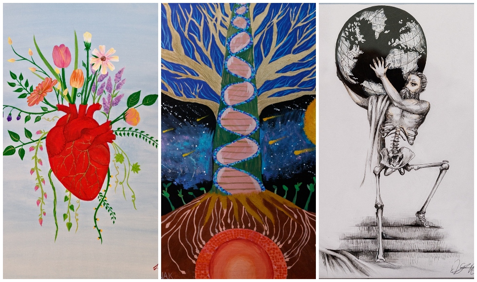 From left) ‘Floral Atrium,’ Acrylic on Canvas, by Labiqah Iftikhar, Honours Biology; ‘Beginning of Life,’ Acrylic on Canvas by Anchana Kuganesan, Honours Life Sciences; ‘Strength in Bones, ‘Marker & Pen on Paper by Snow Wangding, Honours Biochemistry.