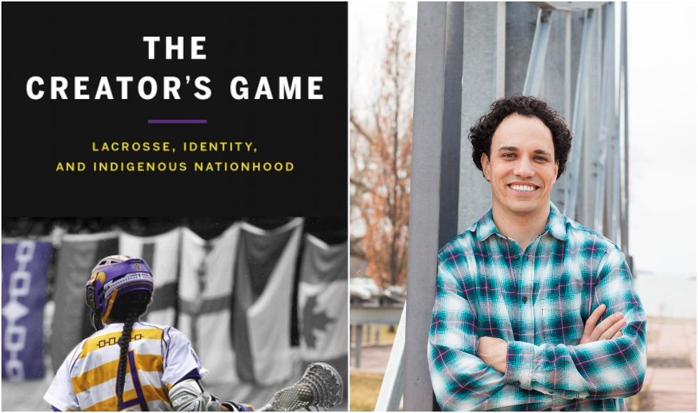 A photo of the cover of The Creator's Game, and a photo of Allan Downey standing at a memorial to Haudenosaunee ironworkers