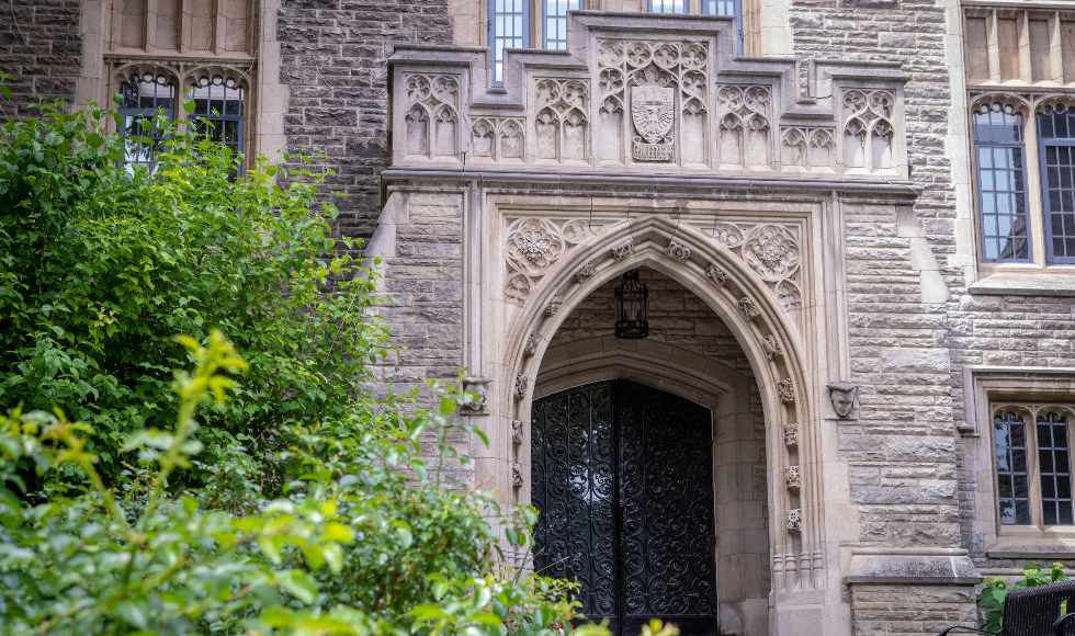 A photo of the Gothic front entrance of University Hall at McMaster University
