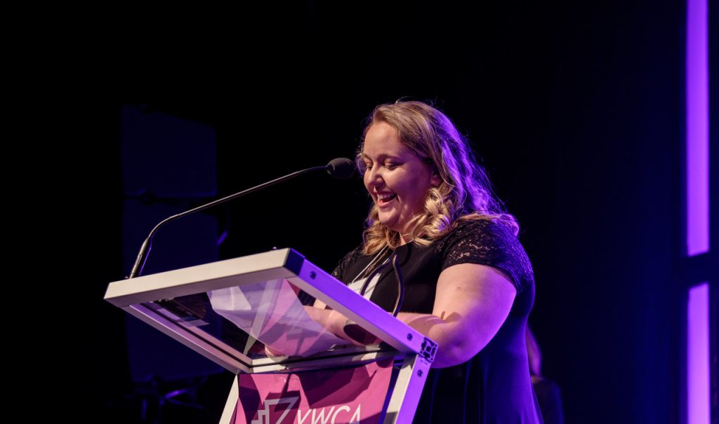 Maddie Brockbank gives her thank you speech at the YWCA Women of Distinction Gala 2019.