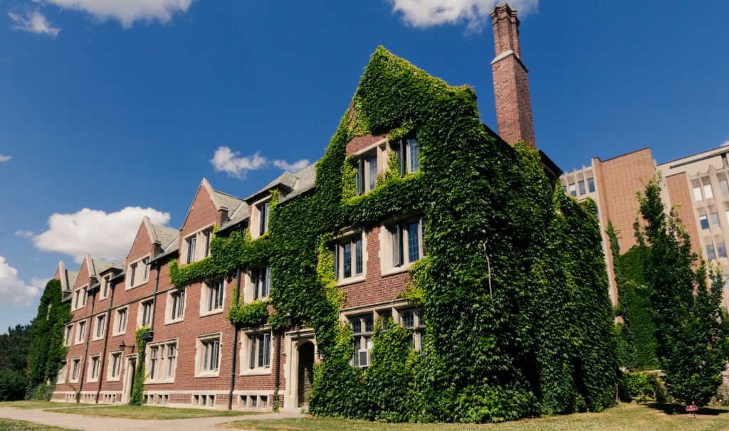 Edwards Hall covered in vivid green vines on a clear summer day.