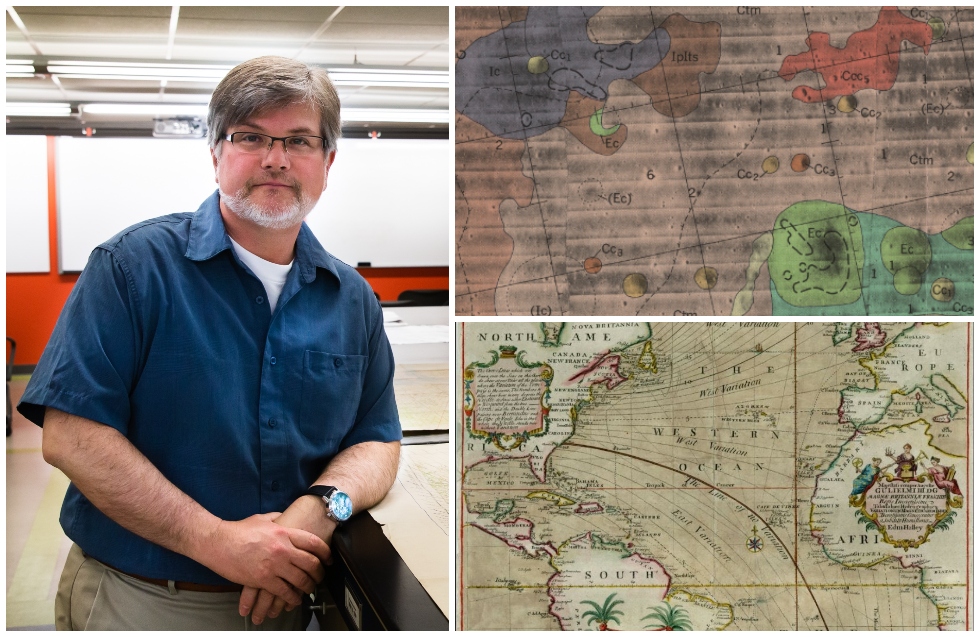 McMaster maps specialist Gord Beck, pictured with a map of the moon for the Apollo 11 landing and a 200-year old map of South America