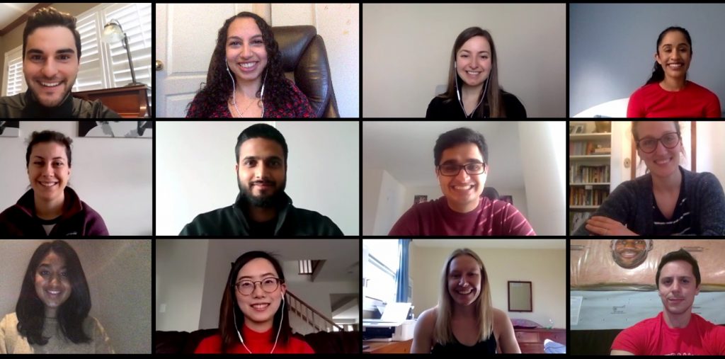 A grid showing 16 people on a video call