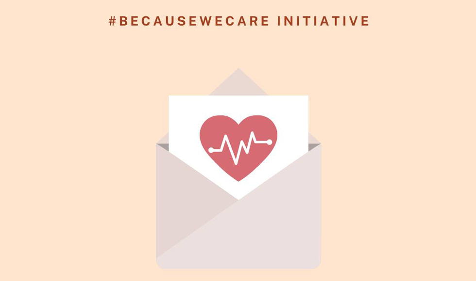 Graphic image of a card with a heart on it sticking out of an envelope, with the words Because We Care Initiative.