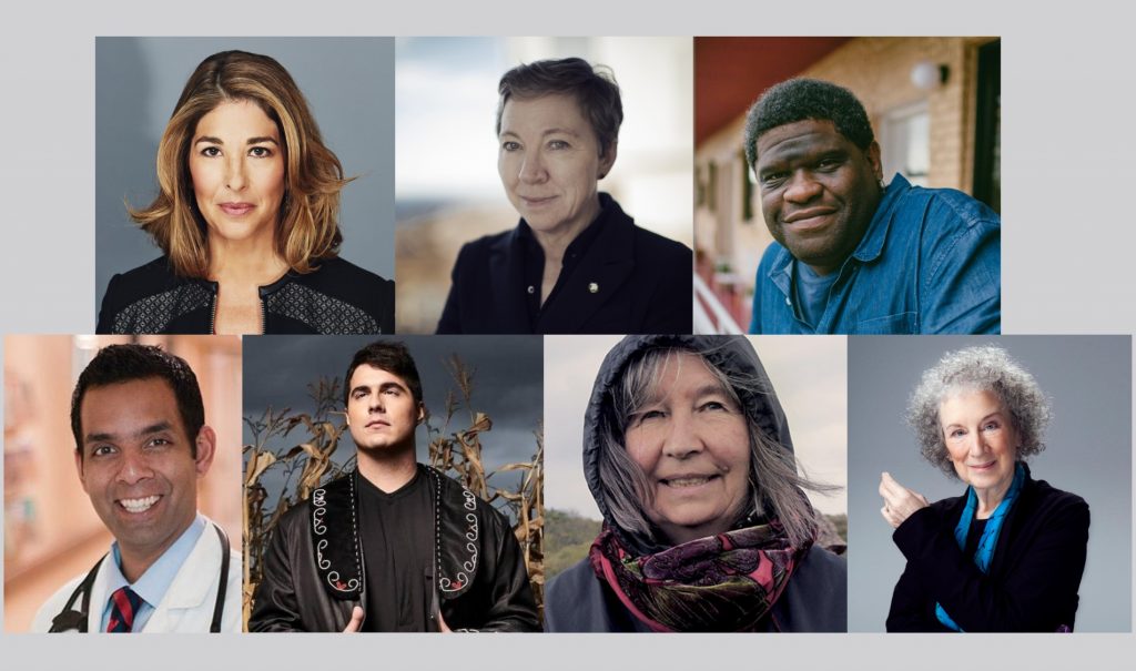 Headshots of Naomi Klein, Zita Cobb, Gary Younge, Dr. Samir Sinha, Jeremy Dutcher, Diana Beresford-Kroeger, Margaret Atwood