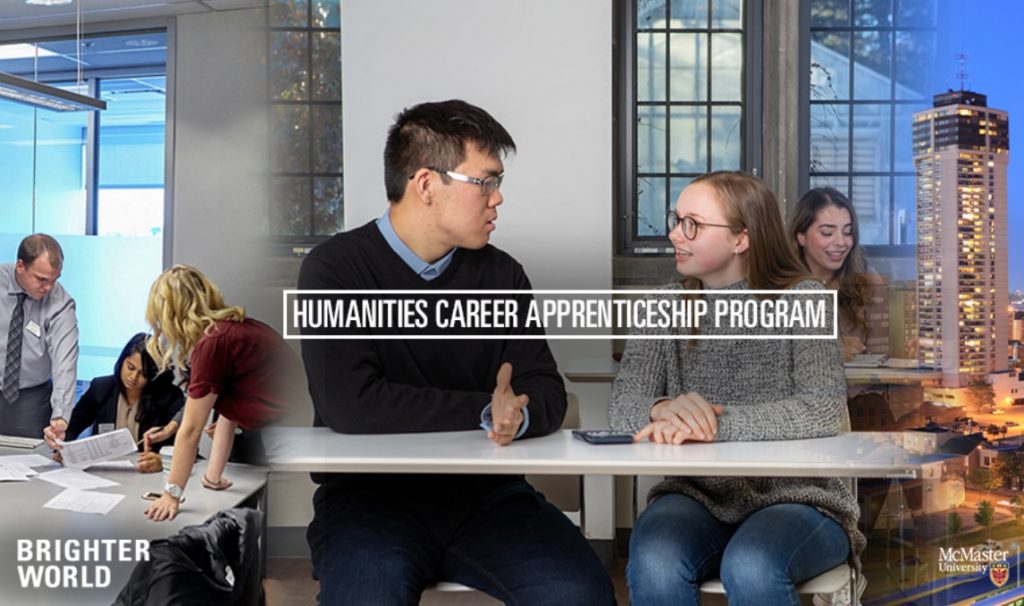 A composite image showing young people, presumably students, at work in different settings, plus a nighttime shot of the city of Hamilton.