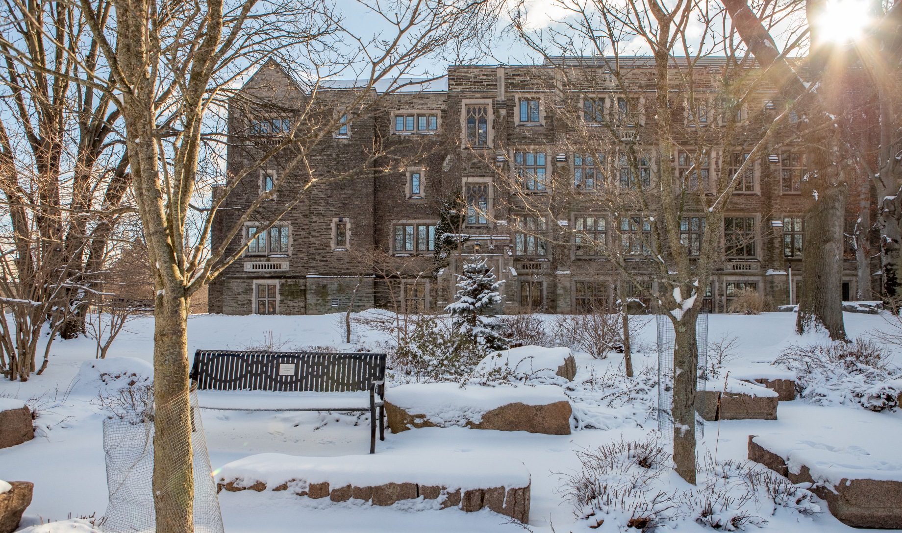 A sunny afternoon in snowy Faculty Hollow outside Hamilton Hall.