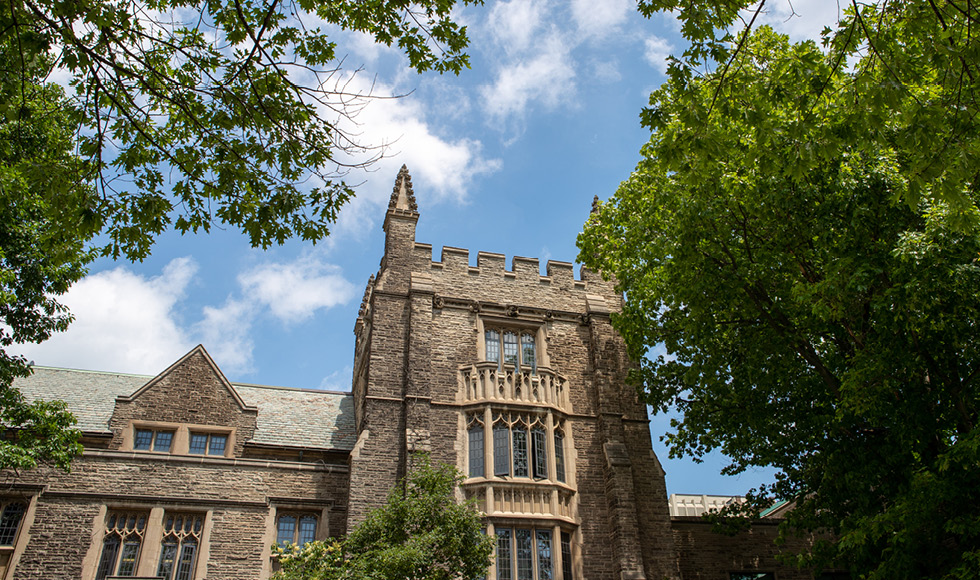 Crenelations at the top of Hamilton Hall seen from below.