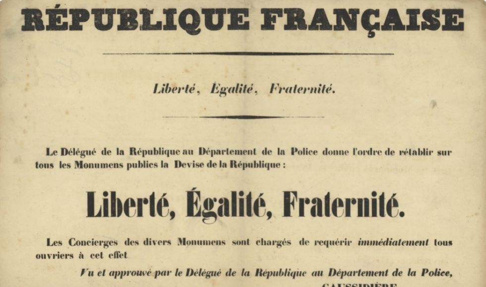 Yellowed old poster from the French Revolution that says Liberté, Egalité, Fraternité