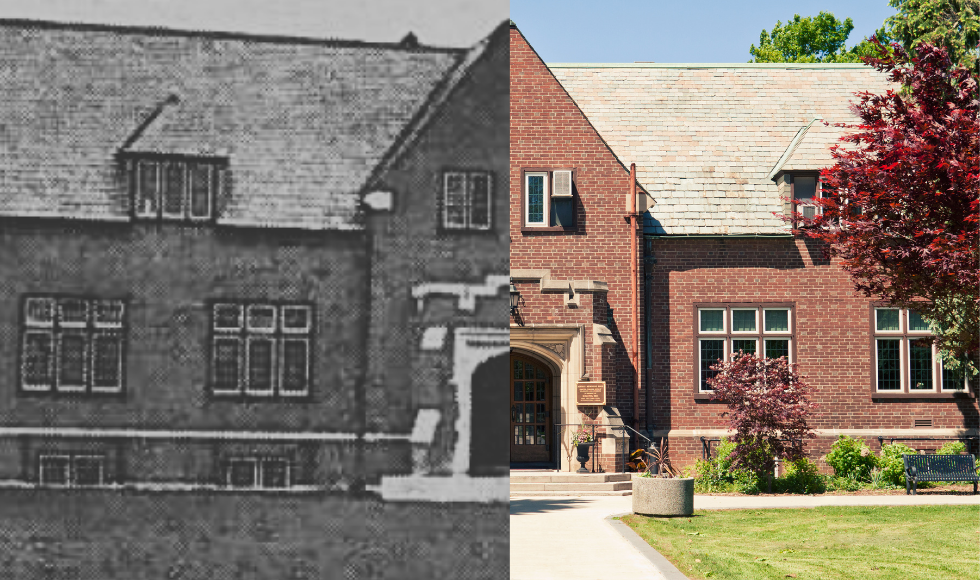 Split image of Alumni Memorial Hall in December 1950 on left and 2019 on right.