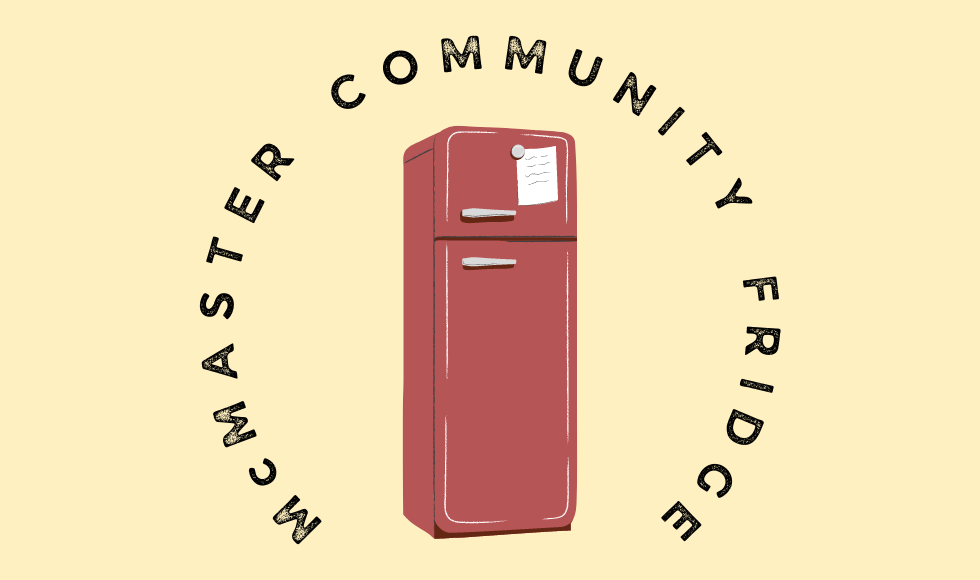 A graphic of a red fridge on a yellow background. The fridge is encircled by text that reads 'McMaster Community Fridge'