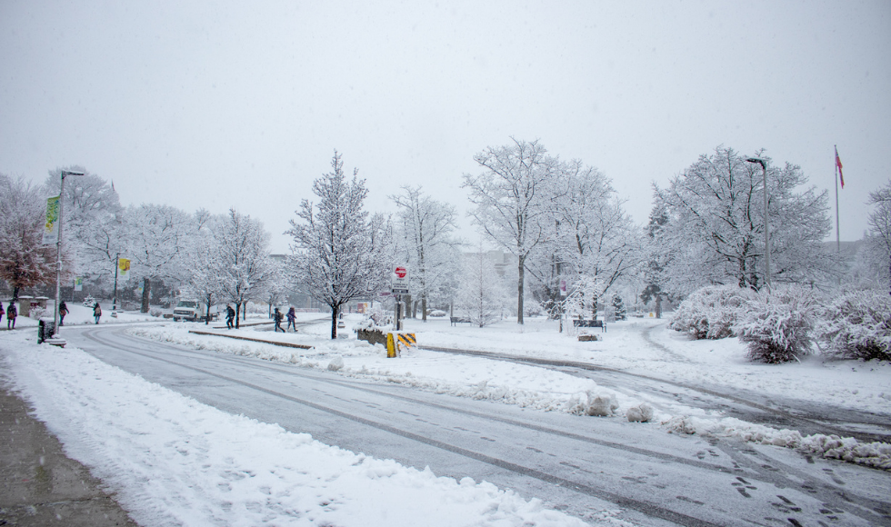 university campus on a snowy day