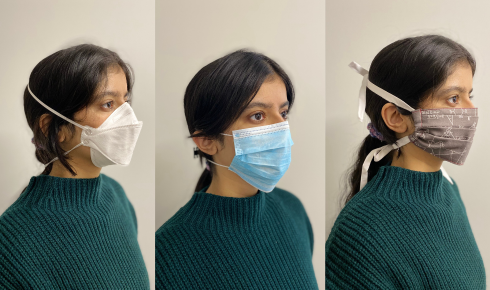 A McMaster researcher shows different mask options, from left to right: CAN99, level one certified medical mask, and an essex mask on ties.