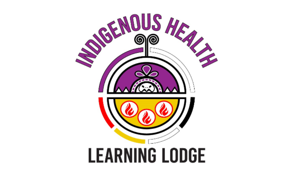 The Indigenous Health Learning Lodge (IHLL) logo set on a white background. The text ‘Indigenous Health Learning lodge encircles a red, yellow, black, white and purple logo that contains a turtle and three icons of fire.