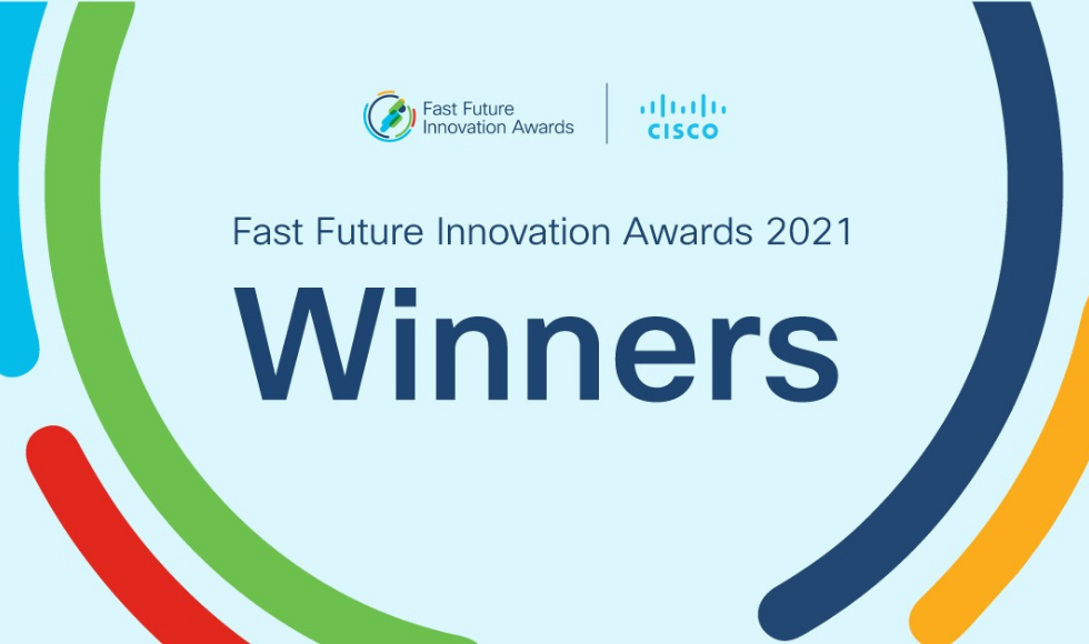 Graphic with red, blue, green, orange and dark blue lines. Text reads Fast Future Innovation Awards 2021 Winners. Cisco Canada logo appears