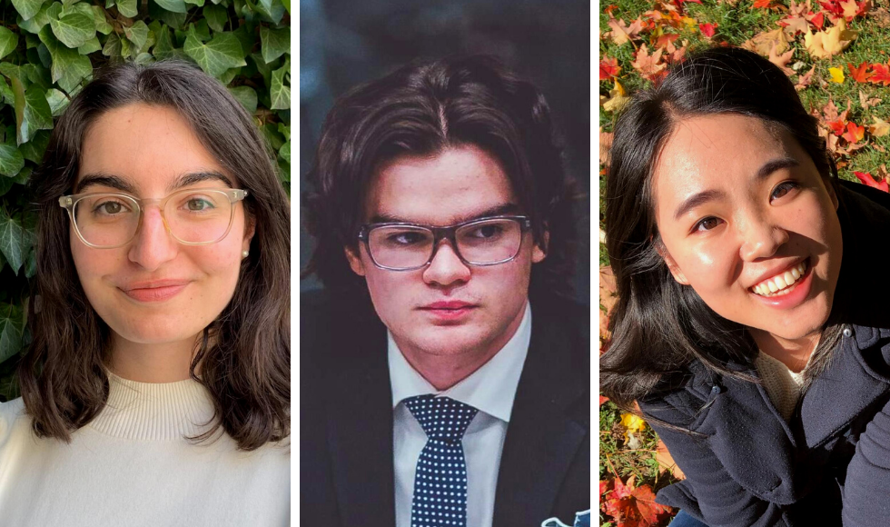 Three side-by-side headshots of Isabel Diavolitsis, William Stephenson and Tiffany Chen