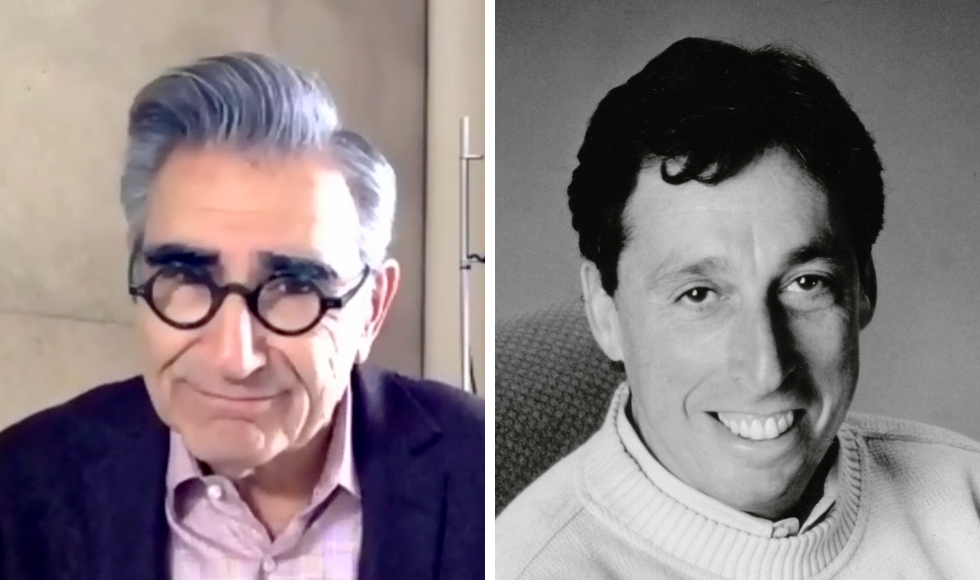 Two photos side-by-side. On the left is a screenshot of Eugene Levy. On the right is a black-and-white headshot of Ivan Reitman.