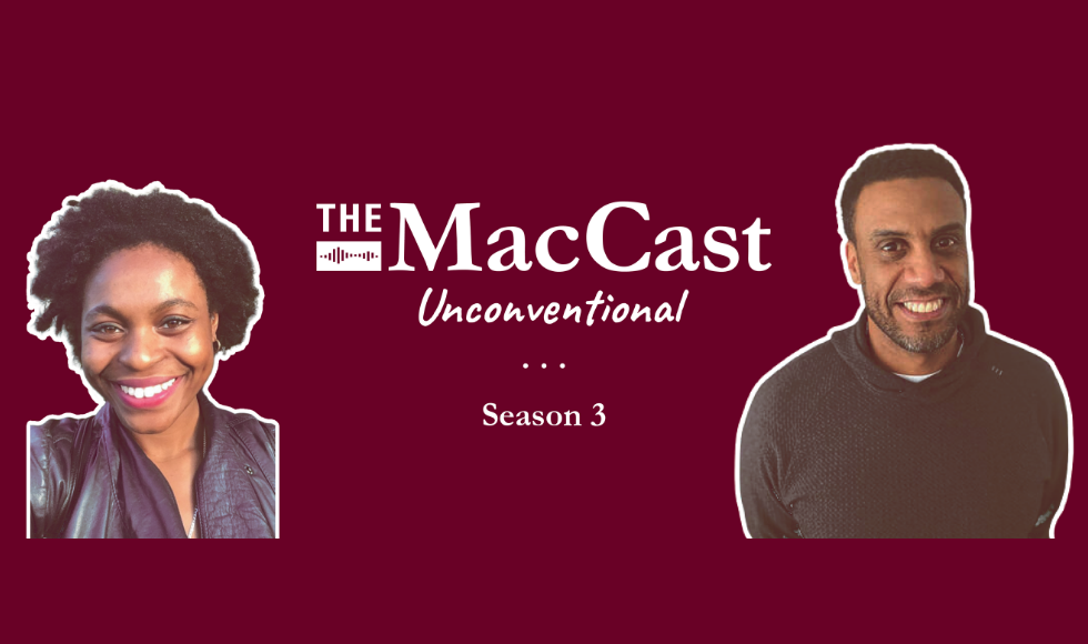 A maroon graphic that reads ‘The MacCast Unconventional - Season 3.’ On the left is a cutout headshot of Rachel Wilson-Jeffers and on the right is a cutout headshot of Keegan Johnson.