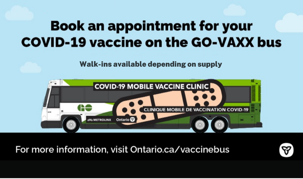 A graphic that shows a GO Transit bus and reads 'Book an appointment for your COVID-19 vaccine on the GO-VAXX bus.