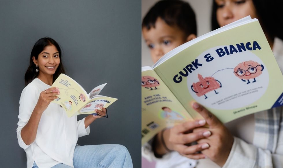 Two photos side-by-side. On the left, Shania Bhopa is holding a book and smiling. On the right, a woman reads ‘Gurk and Bianca’ to a young boy.