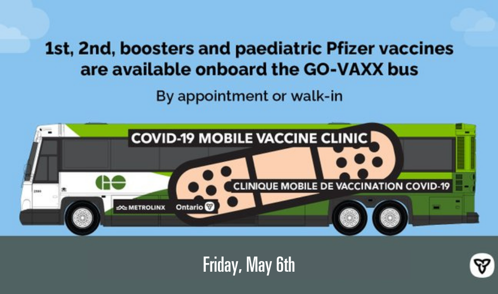 An advertisement featuring a graphic illustration of a GO-VAXX bus.
