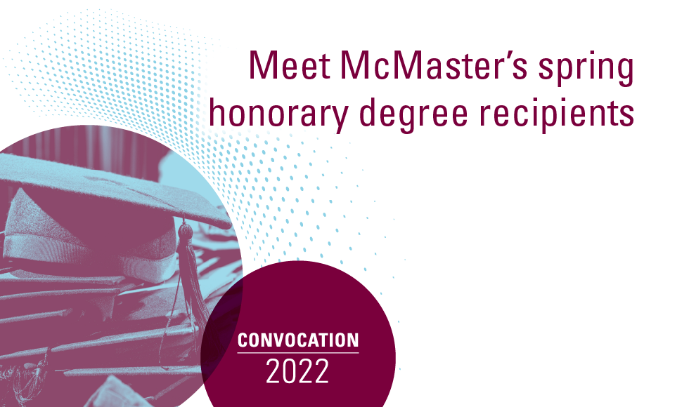 A graphic that reads ‘Meet McMaster’s spring honorary degree recipient. Convocationo 2022’ and shows a pile of mortarboard graduation hats.