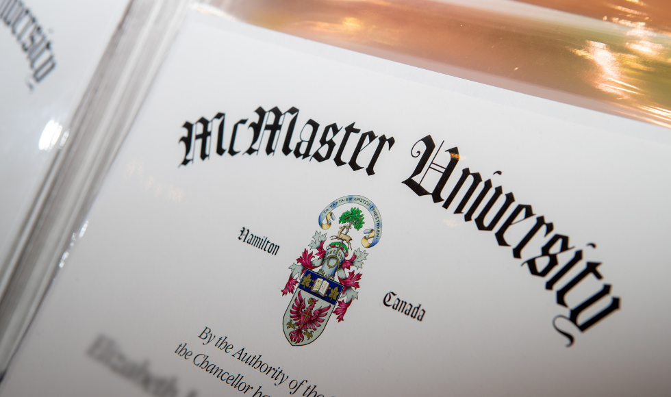 A tight shot of a McMaster diploma