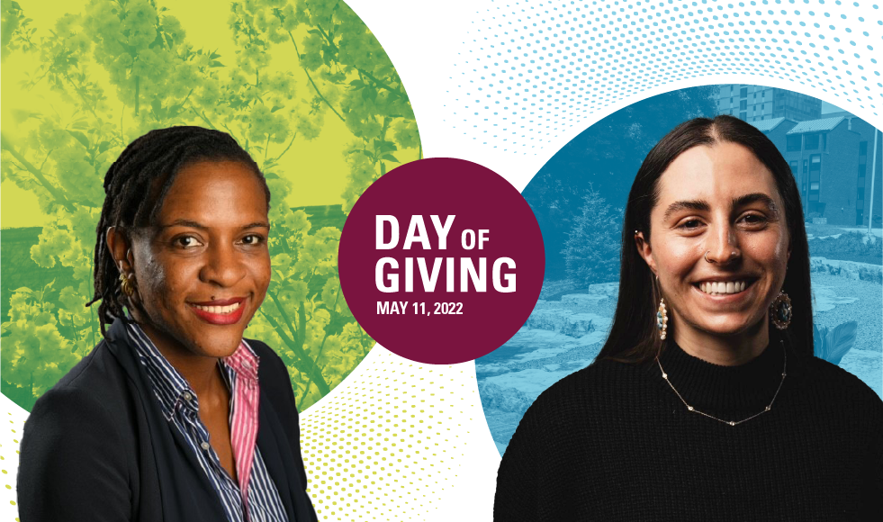 A graphic that reads ‘Day of Giving May 11, 2022’ and has the headshots of two smiling students