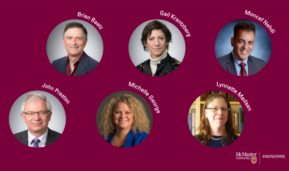 Six round headshots on a maroon background with the McMaster engineering logo in the bottom right hand corner. The headshots are of Brian Baetz, Gail Krantzberg, Moncef Nehdi, John Preston, Michelle George and Lynette Madsen.