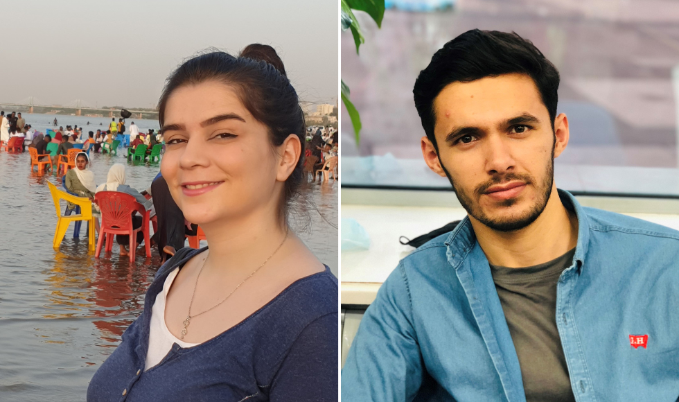 A photo of Marjan Alipur standing in a river and smiling at the camera beside a photo of Yasir Essar looking directly at the camera.