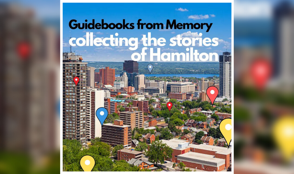 A view of Hamilton, Ontario from the Niagara Escarpment with Google map icons imposed overtop. At the top of the image, there is text reading ‘Guidebooks from Memory - collecting the stories of Hamilton.’