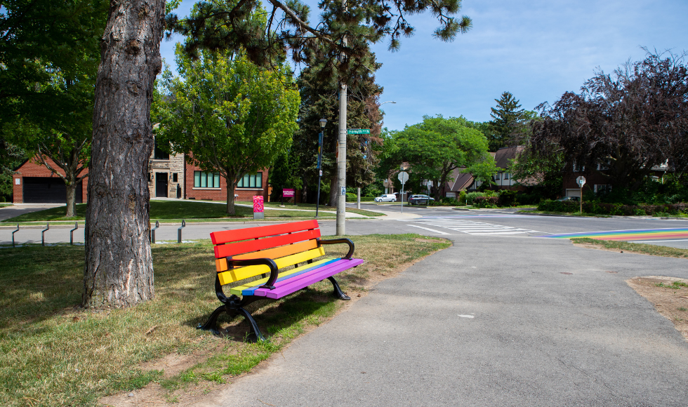 A bench on McMaster's campus painted in rainbow colours