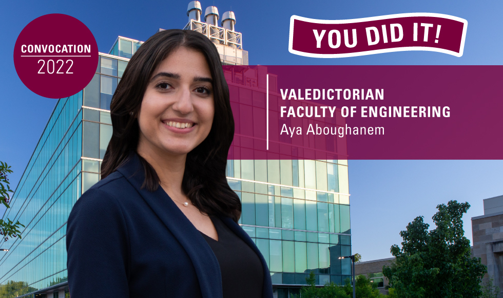 Cutout of smiling Aya with text that reads: You did it! Valedictorian, Faculty of Engineering, Aya Aboughanem.