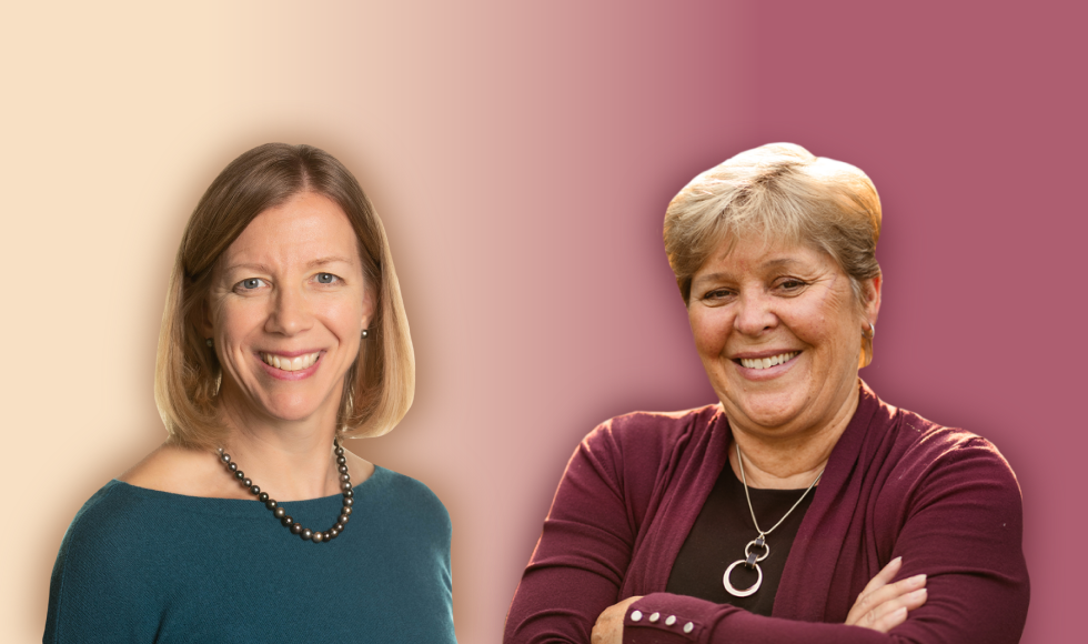 Side-by-side headshots of Maureen MacDonald and Heather Sheardown against a beige and pink background