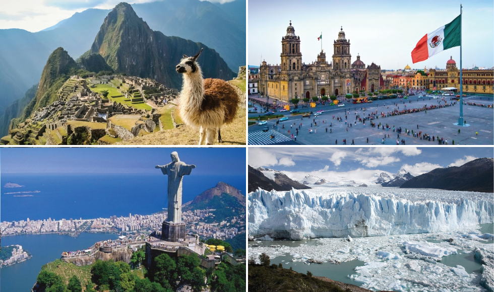 A collage of four pictures: An alpaca in the mountains; a city square in Mexico; the statue of Christ the Redeemer looming over Rio and glaciers in South America.