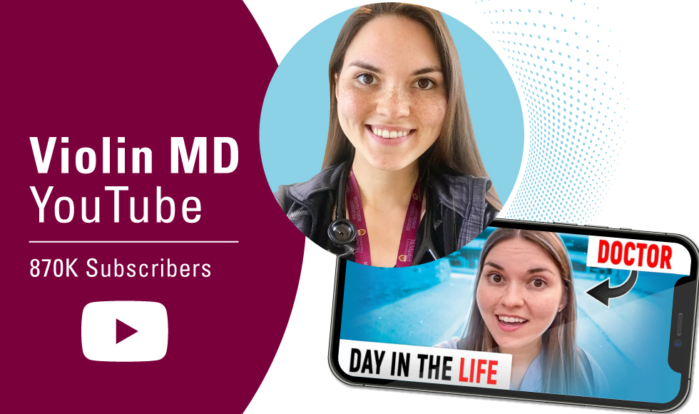A graphic that reads ‘Violin MD YouTube - 870K subscribers’ and features two images — one of Siobhan Deshauer smiling at the camera and the other of a cellphone on which there is a picture Siobhan Deshauer.