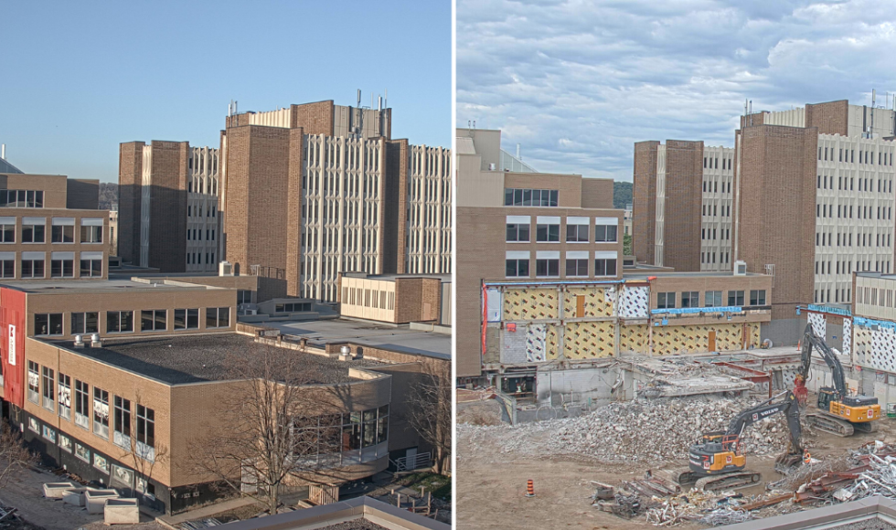 Two photos side-by-side. On the right is the new McLean Centre for Collaborative Discovery. On the left is the former, now demolished building on the site.