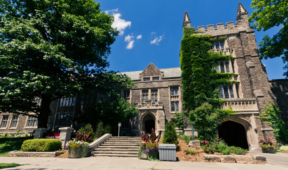 The exterior of University Hall on McMaster's campus.