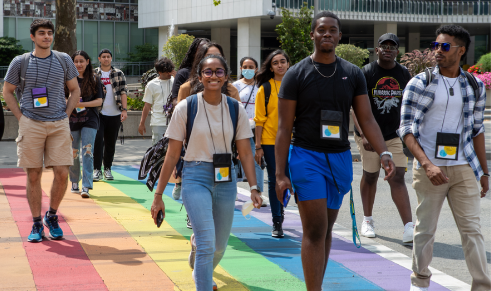 Ignite students cross the rainbow crosswalk outside Hamilton's City Hall
