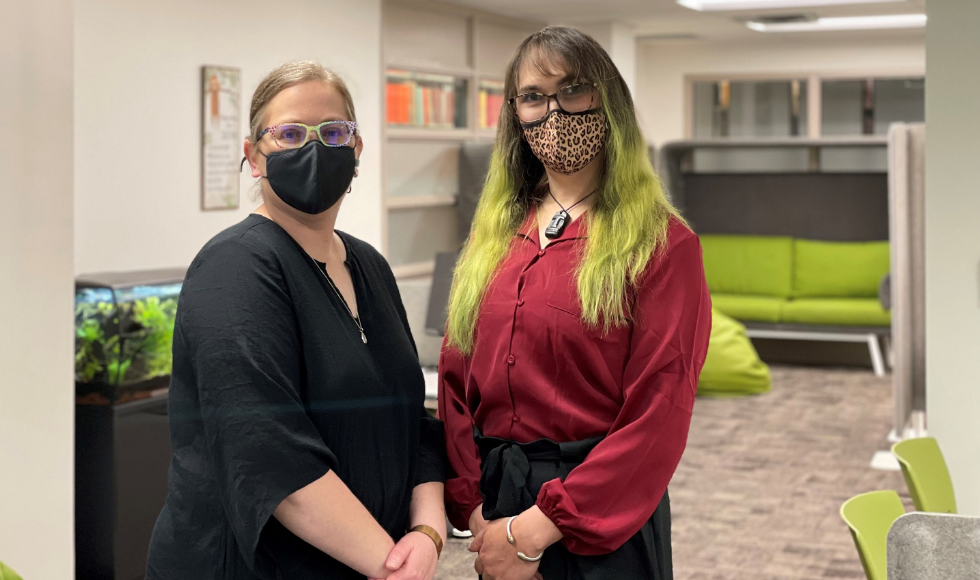 Nancy and Page are wearing masks in the newly renovated Campus accessible tech space.