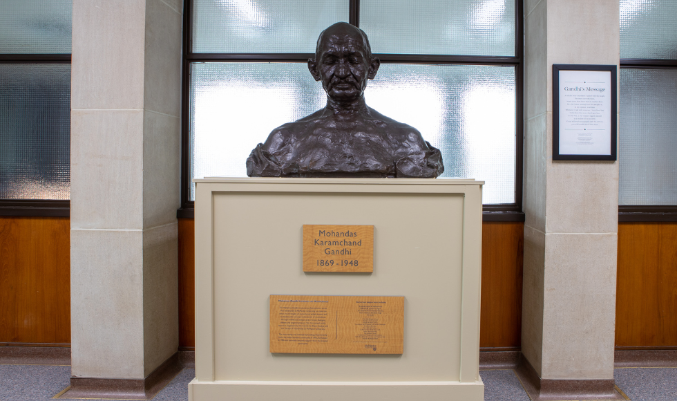 A bust of Gandhi in the President's Hallway on McMaster's campus