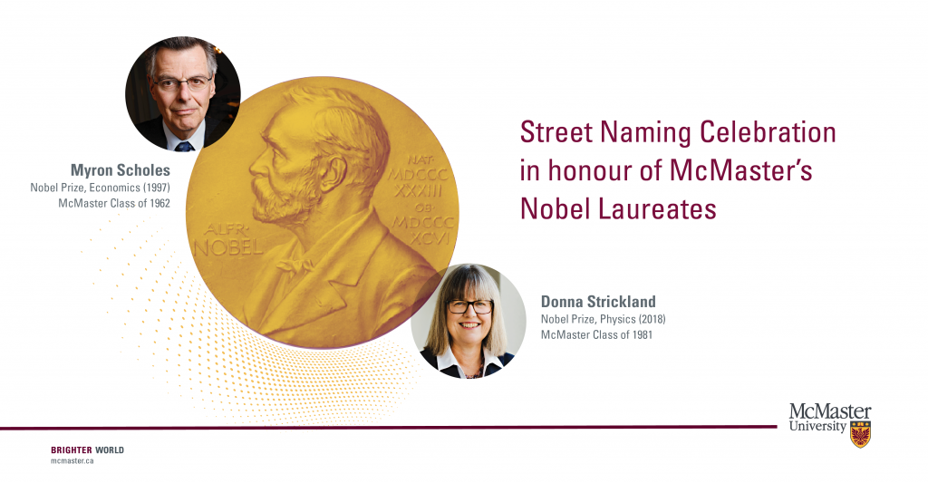 Graphic of the Nobel symbol and headshots of Myron Scholes and Donna Strickland with text that reads: Street Naming Celebration in honour of McMaster's Nobel Laureates