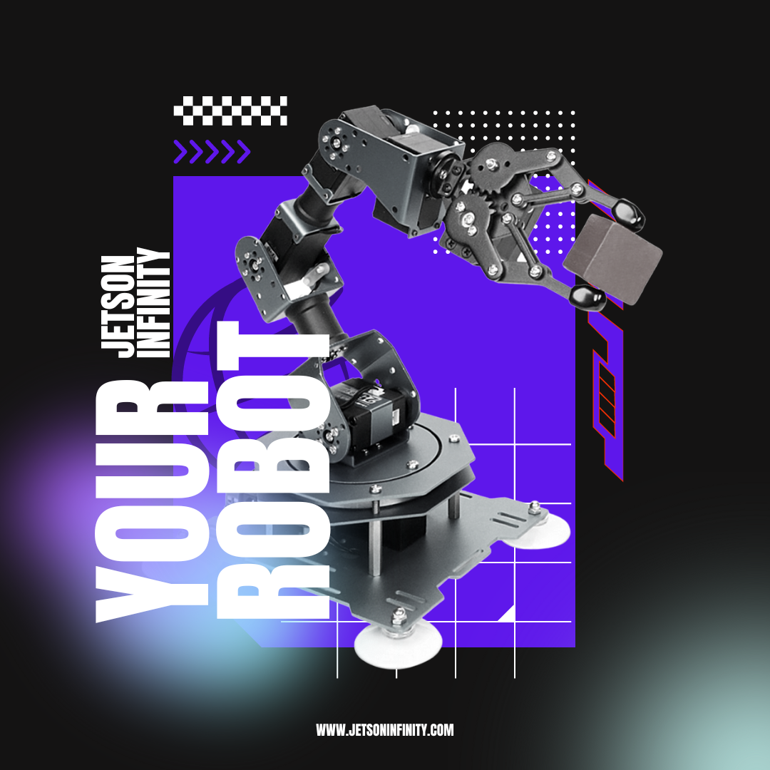 A graphic that reads, ‘Jetson Infinity | Your robot,’ and features a graphic illustration of a robotic arm set against a black and purple backdrop. 