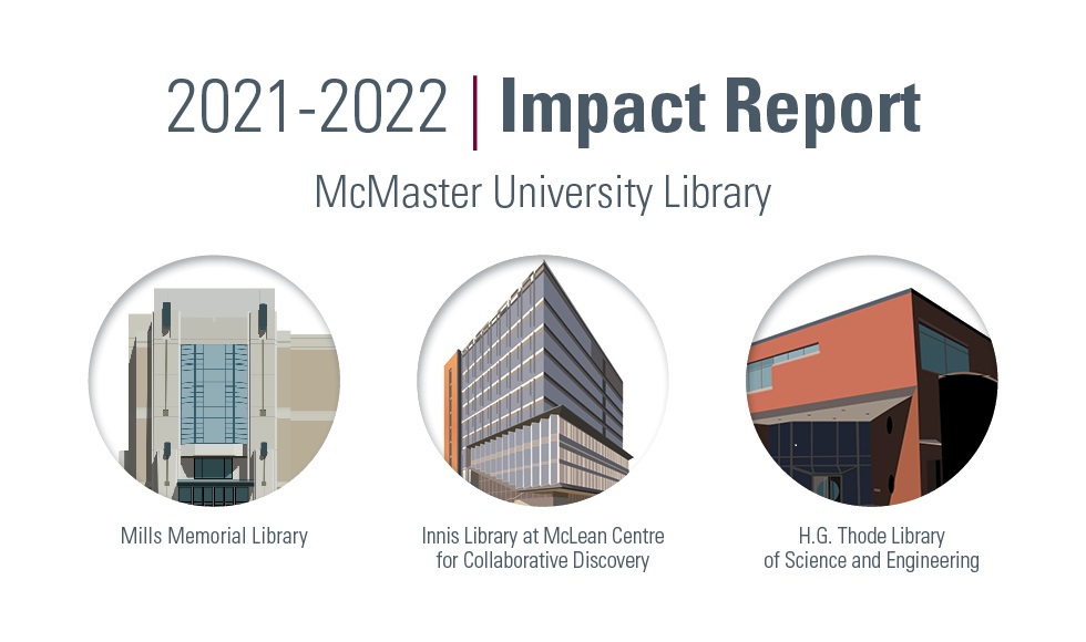 A graphic showing renderings of buildings with text that reads 2021-22 Impact Report: McMaster University Library