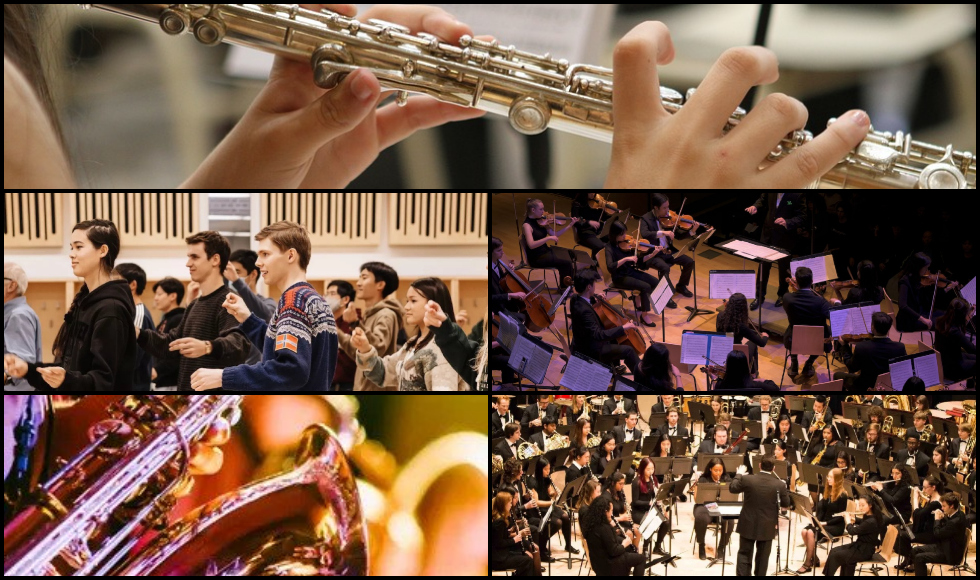 A collage of five photos depicting ensembles playing music