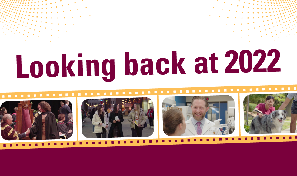 A graphic that reads, ‘Looking back at 2022’ and features a graphic illustration of a film strip containing four images. The images show a student in a convocation robe, students in conversation, a researcher in a lab smiling at a graduate student and two McMaster students petting a dog.