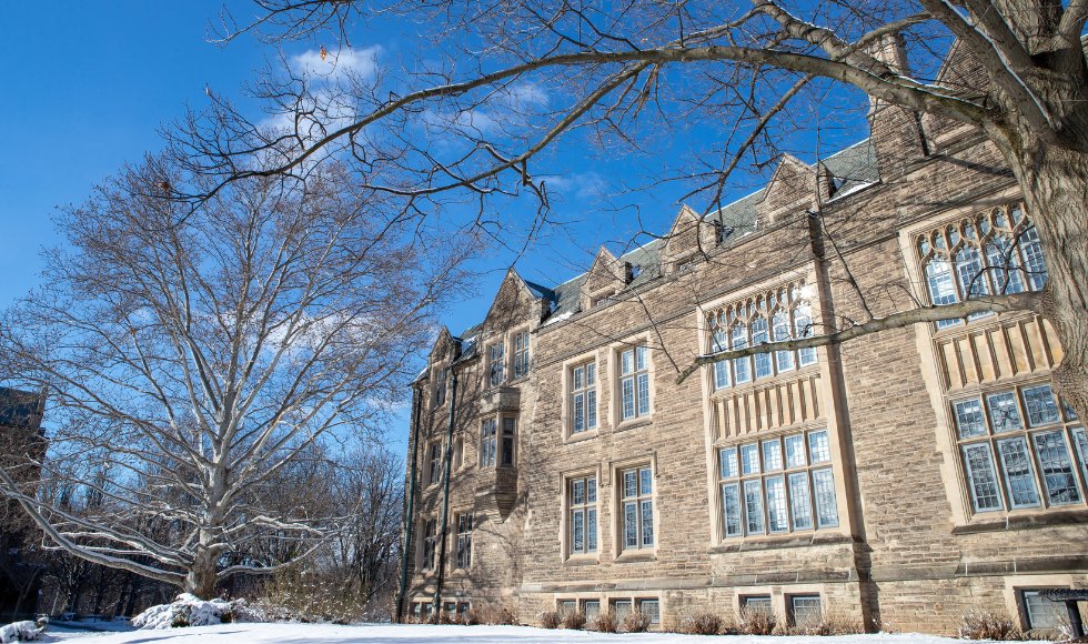 The exterior of University Hall on a sunny winter day.