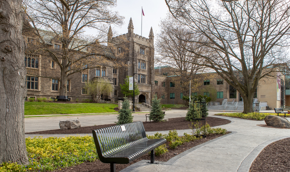 The exterior of University Hall on McMaster's campus on a spring day