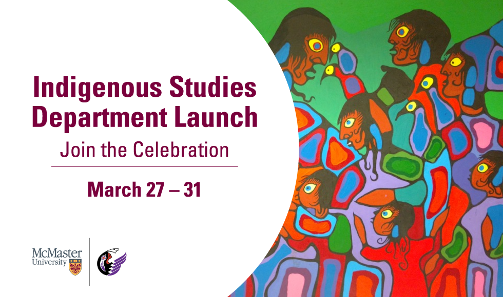 Graphic showing Norval Morrisseau painting and Indigenous Studies and McMaster logos alongside text that reads: Indigenous Studies Department Launch: join the celebration March 27-31