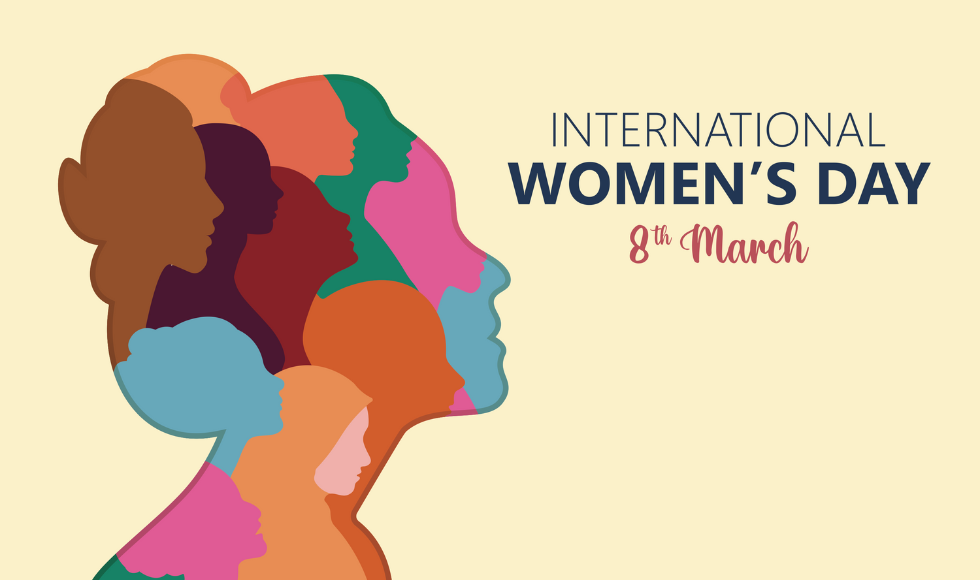 Graphic showing a silhouette of a head in profile with an updo. Inside the silhouette are smaller silhouettes of women. TExt reads International Women's Day, 8th March